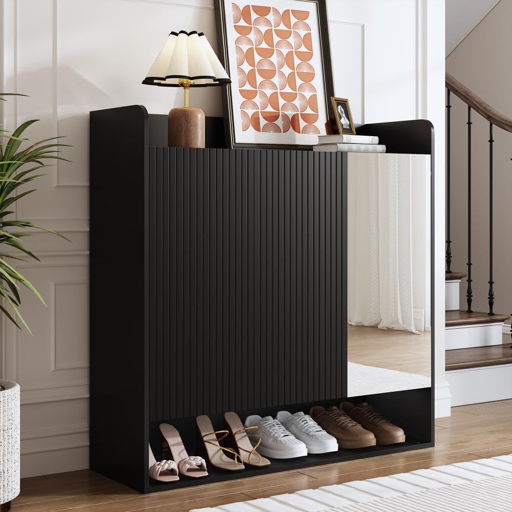 I0I&I0I Zapatero con espejo negro de varios pisos, alta capacidad, ahorro de espacio, moderno zapatero para pasillo, entrada, espacio de almacenamiento, muebles con estructura vertical