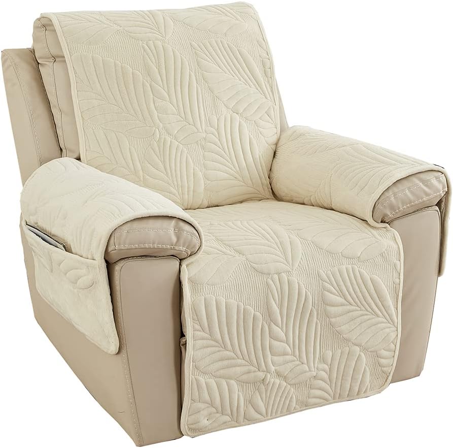 vctops Palm Leaves Velvet Plush Quilted Recliner Chair Cover Anti-Slip Super Soft Furniture Protector with Elastic Straps for Kids, Dogs, Pets, Cream 24" Recliner Cream