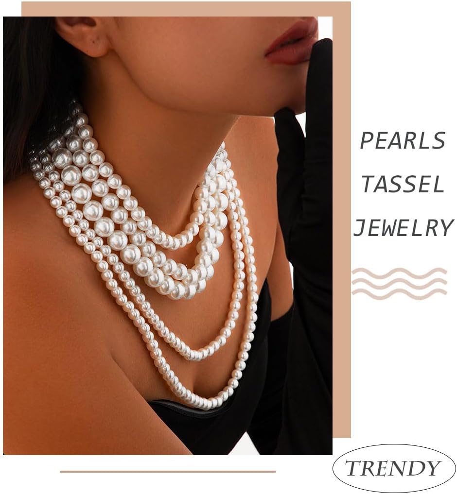 Layered Pearl Necklace for Women Long Pearls Necklaces Strand Pearl Necklace Statement Pearls Choker 1920s Jewelry - Image 5