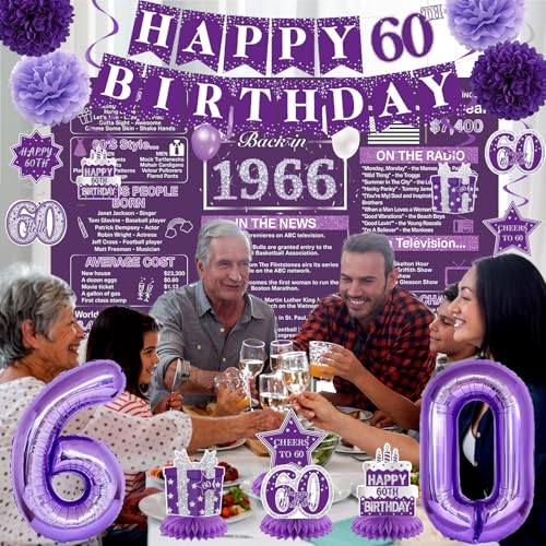 Image of Crenics Purple 60th Birthday Decorations for Women - Back in 1966 Backdrop, Banner, Swirls, Centerpieces, Sash, Paper Pom Poms, Cake Topper and Balloons for 60 Birthday Party Supplies