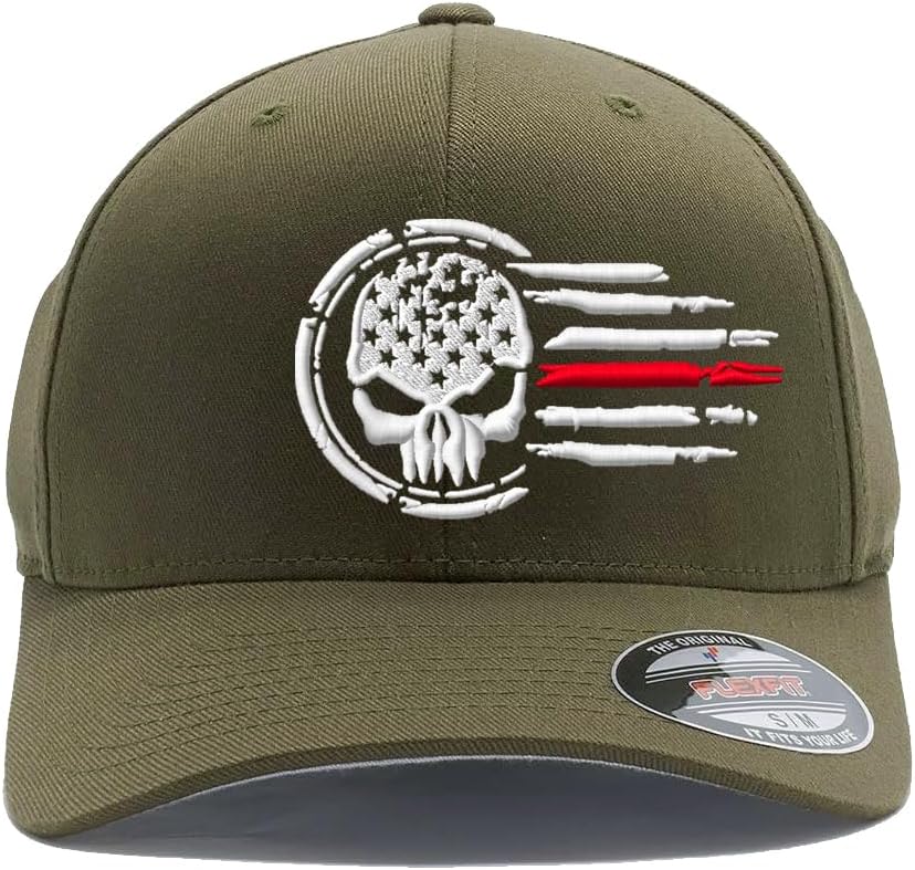 American Distressed Skull Thin RED LINE or Thin Blue Line Flag Custom Embroidered 6277 and 6477 Flex Fitted Hat