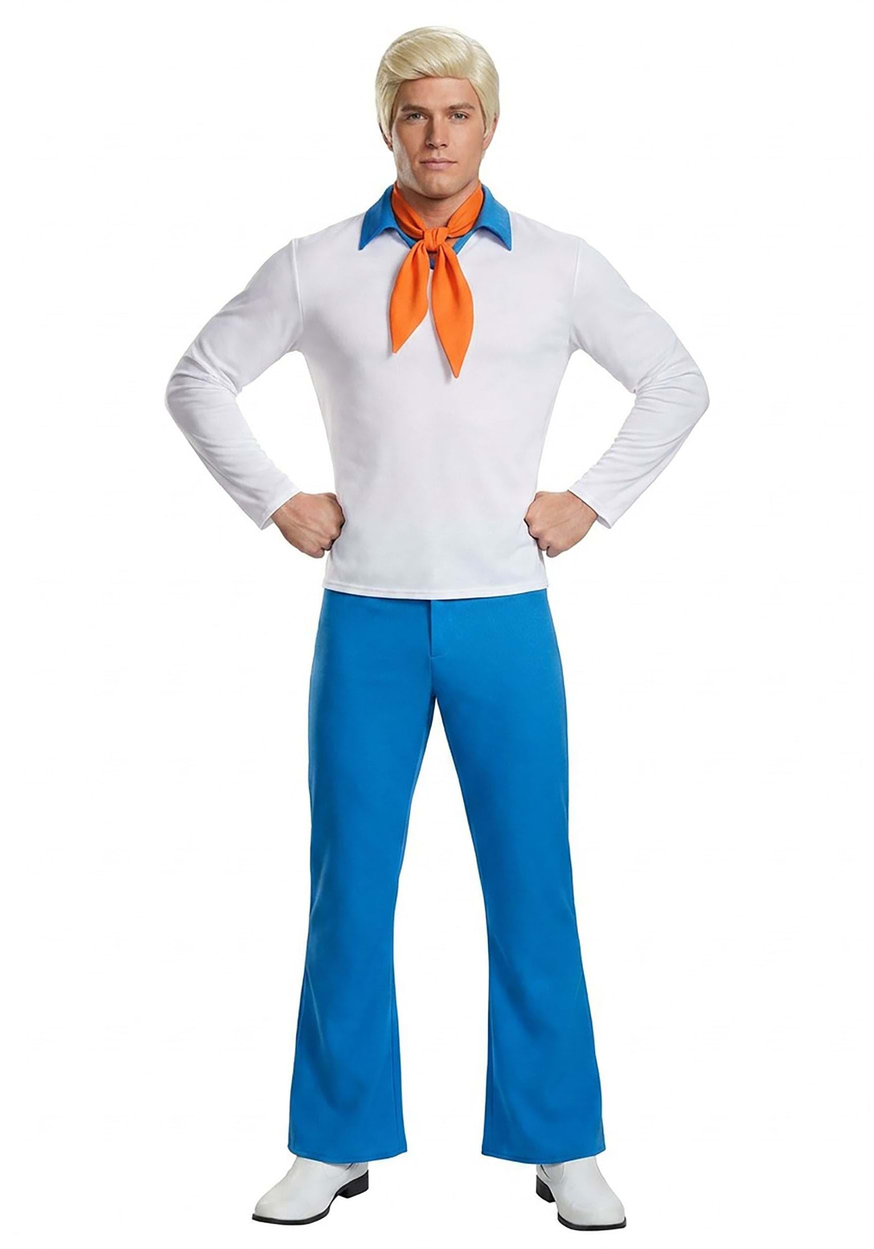 Scooby Doo Fred Costume for Men - Fred Jones Outfit with Shirt, Pants & Orange Ascot - Officially Licensed X-Large Bundle W/ Wig