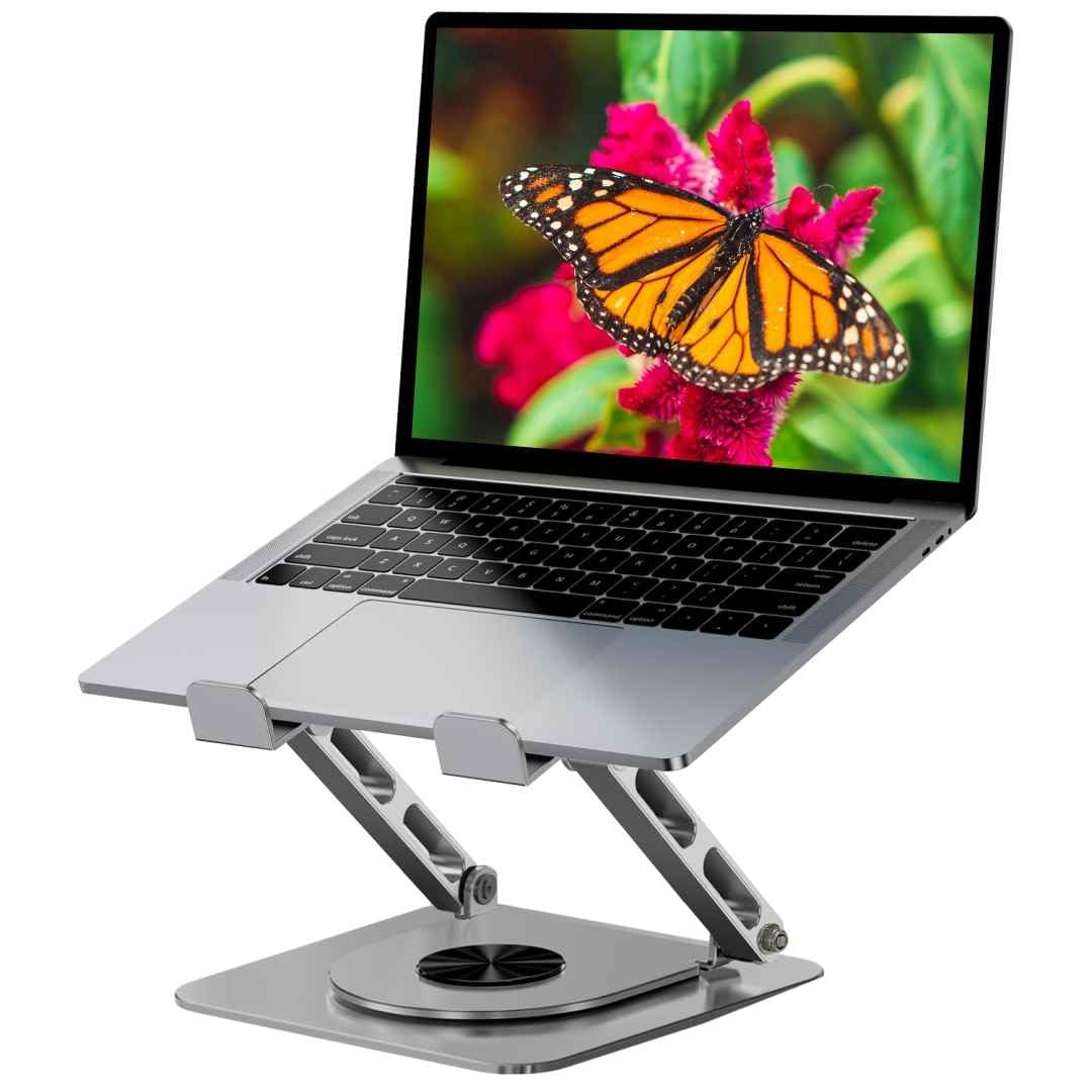 Dyazo 360° Rotating Laptop Stand | Height Adjustable Laptop Riser for Desk | Foldable Metal Notebook Holder with Swivel Base | Compatible for MacBook, HP, Dell, Lenovo & All 10-15.6 Inch Laptop (Grey)-image-44