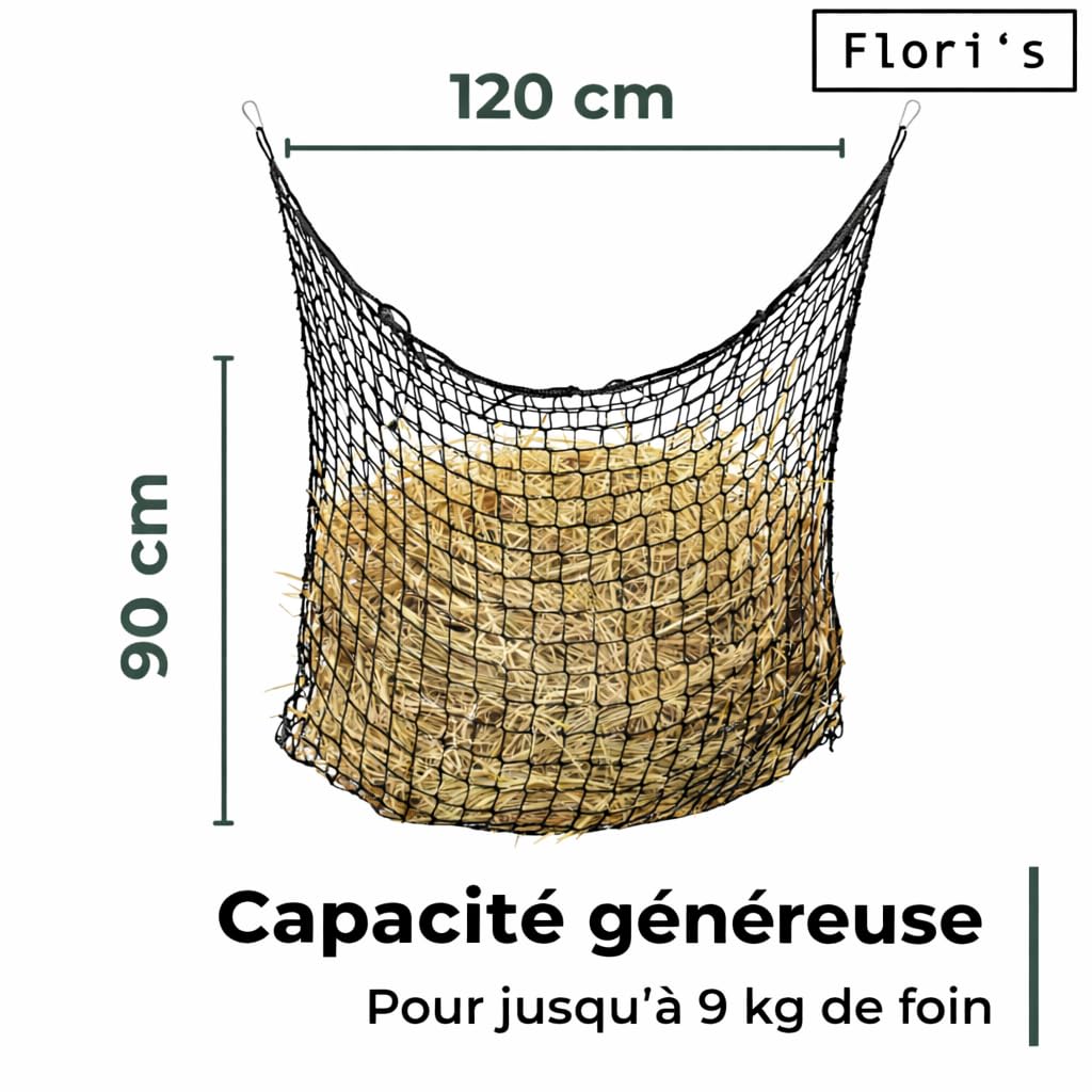 Flori's Filet à foin pour chevaux - Grand sac à foin pour chevaux - 90 × 120 cm - Maille étroite 4,5 cm - Filet à foin avec mousqueton - Environ 9 kg de foin - Slow Feeder