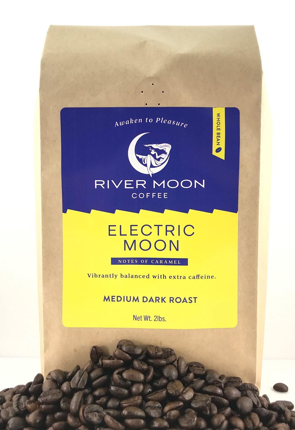River Moon Coffee, Electric Moon High Caffeine Coffee, Whole Beans, 2 lbs., Bold, Medium Dark Roast,