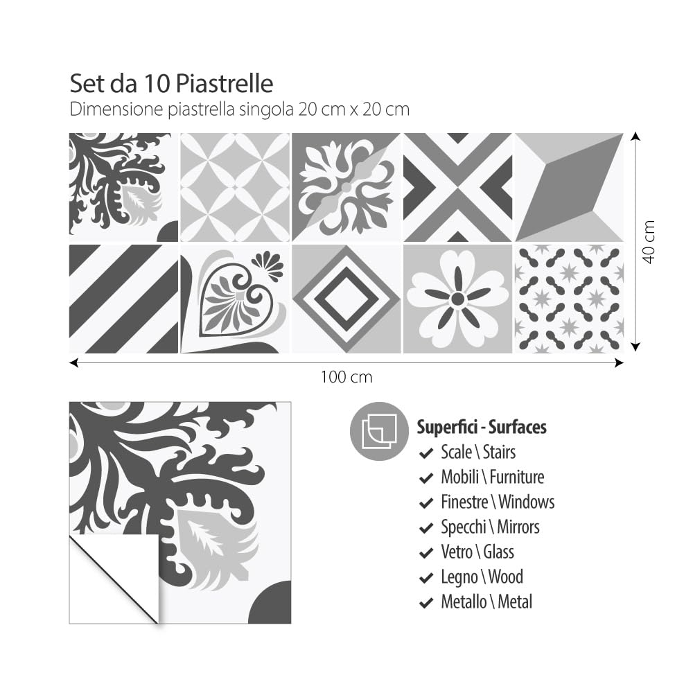 RE-COVERTILES - Adesivi per Piastrelle Bagno e Cucina 10 Pz 20x20 cm - PS00209 Decorazione murale in PVC impermeabile mattonelle mosaico stile cementine Azulejos