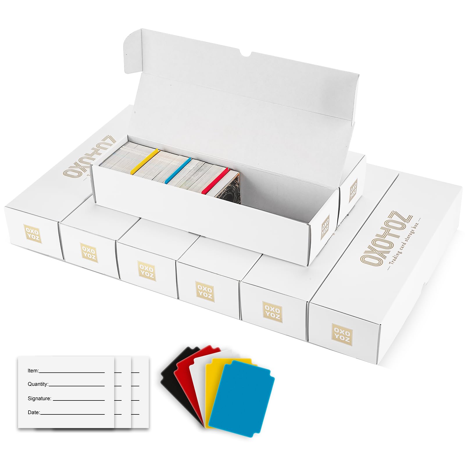 Boîte de rangement pour cartes à collectionner, lot de 8 avec 5 séparateurs colorés, 9 autocollants d'étiquettes, 30 séparateurs, boîte pour cartes de baseball, football, basketball et autres