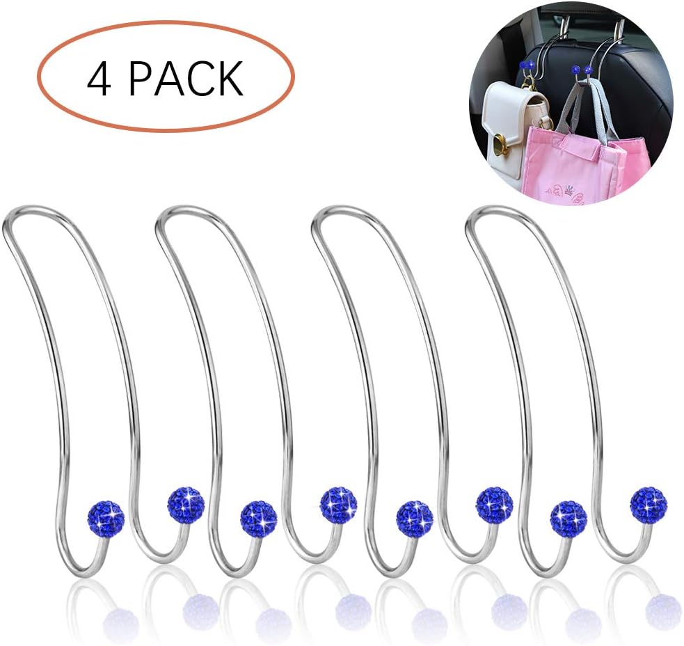 Artscope 4 Pack Car Hooks, Multifunctional Organizer Hooks Universal Bling Diamond Car Headrest Hangers Hooks for SUV Truck Vehicle, Strong and Durable Auto Backseat Hanger Storage Hooks (Navy Blue)