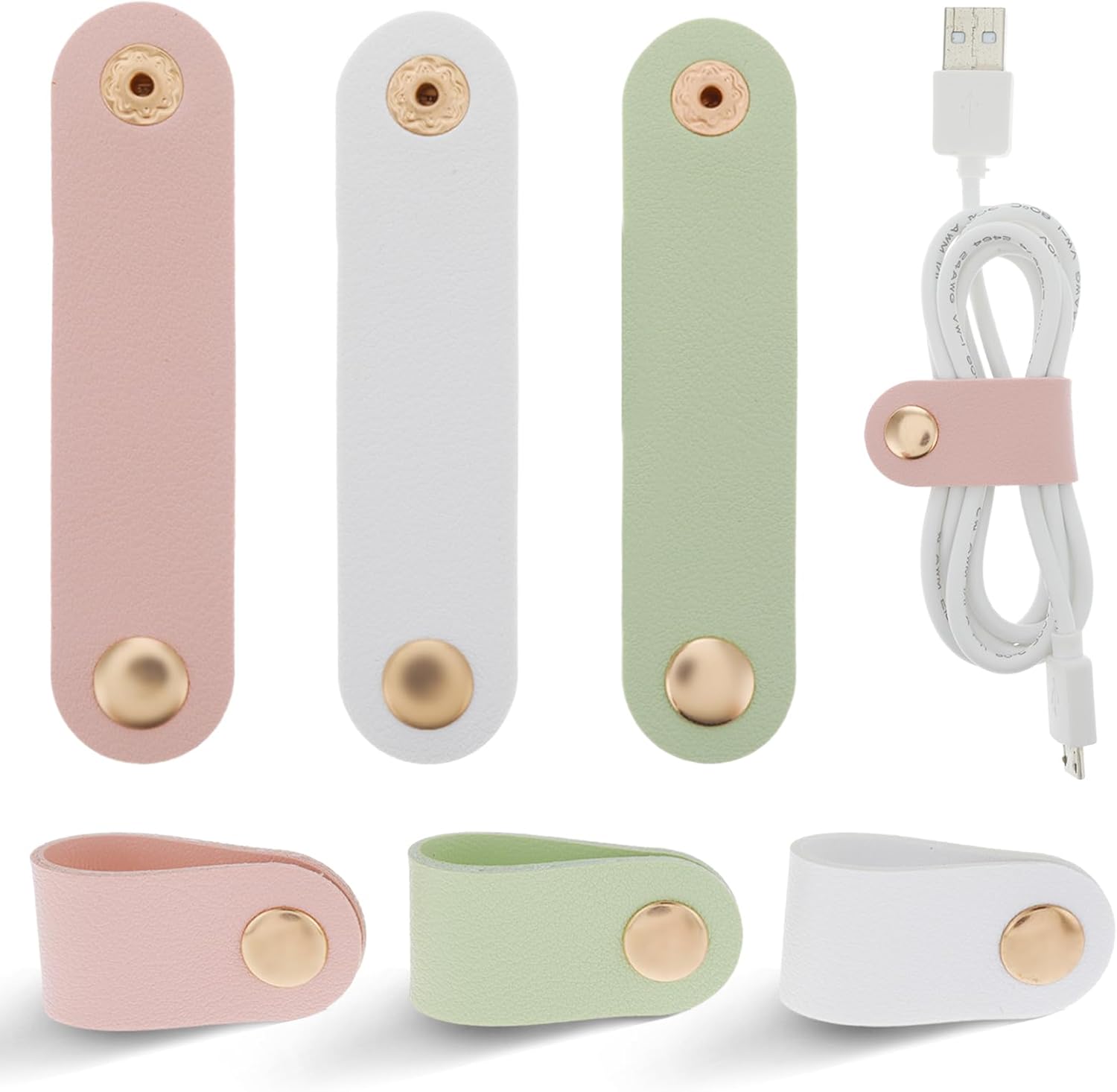 Organizador de cables de 6 piezas, organizador de cables de piel sintética, correas de cable reutilizables, clips, cable de carga, cable de