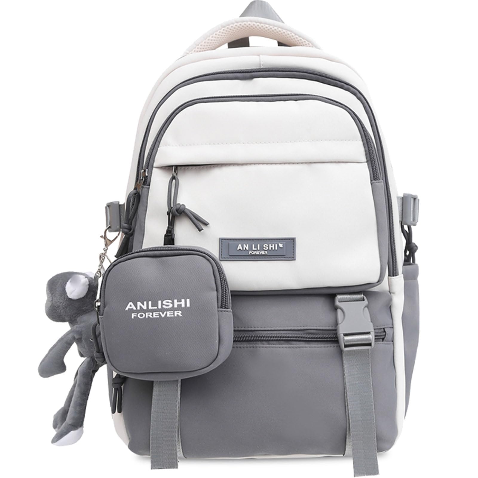 Fashion Backpack with Cute Accessory 18.1 Inch Bookbags with Pendant Laptop Bag Casual Lightweight Travel Daypacks (Grey)