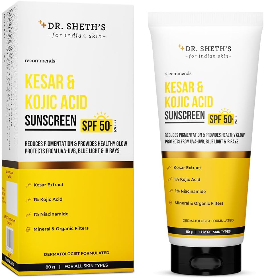 Kesar & Kojic Acid Sunscreen SPF 50+ Pa++++ |In-Vivo Tested | For Pigmentation-Free Skin | Lightweight & Non Greasy | For UVA/UVB & Blue Light & IR Protection | No White Cast | For All Skin Types | For Men & Women | 80 g