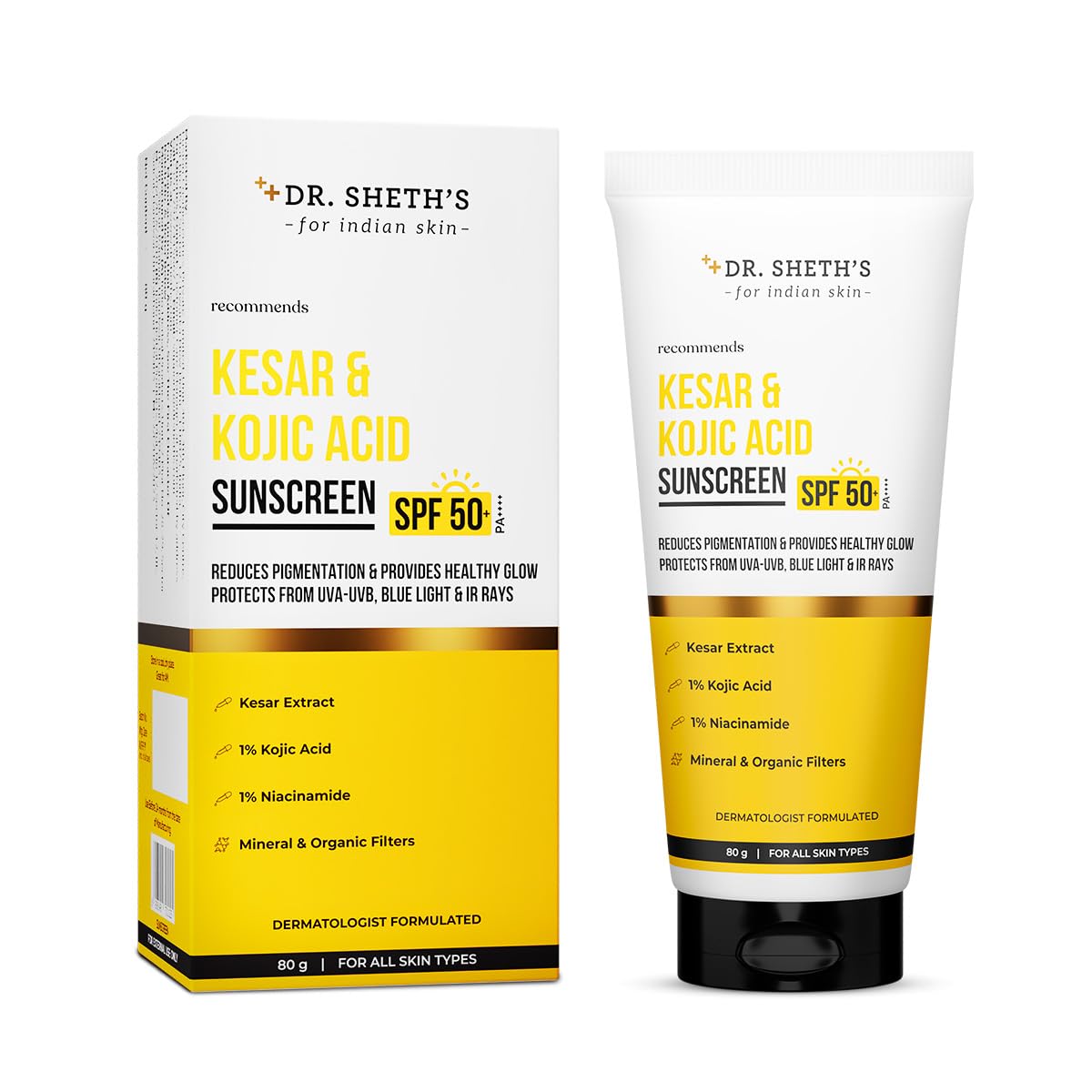 Kesar & Kojic Acid Sunscreen SPF 50+ Pa++++ |In-Vivo Tested | For Pigmentation-Free Skin | Lightweight & Non Greasy | For UVA/UVB & Blue Light & IR Protection | No White Cast | For All Skin Types | For Men & Women | 80 g