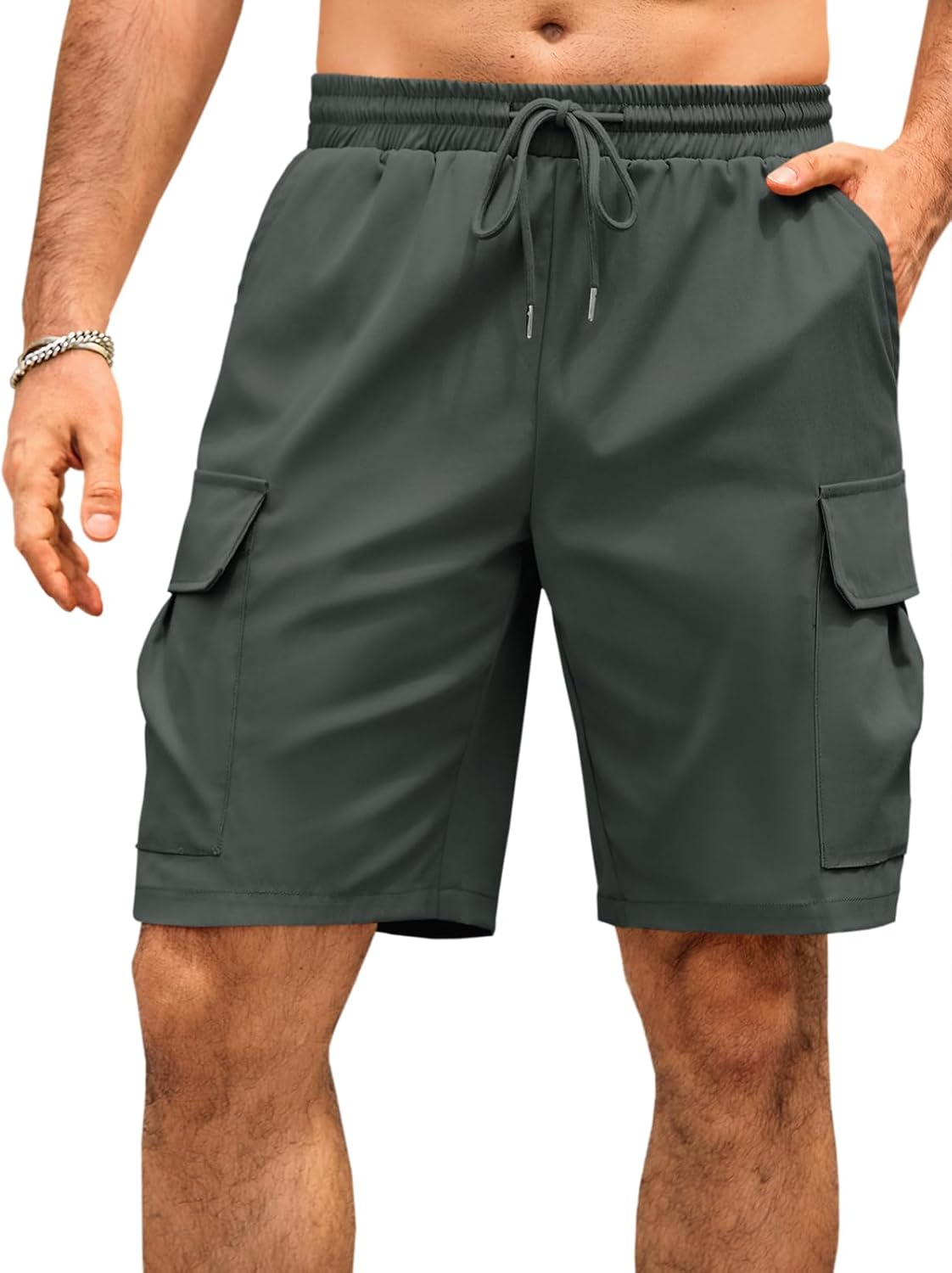 Runcati Mens Cargo Shorts Elastic Waist Drawstring Lightweight Shorts Summer Hiking Casual Shorts with Pockets No Lining