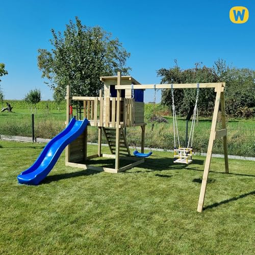 Wickey Spielturm Klettergerüst Smart Camp mit Schaukel & anthraziter Rutsche, Outdoor Kinder Kletterturm mit Sandkasten, Leiter & Spiel-Zubehör für den Garten