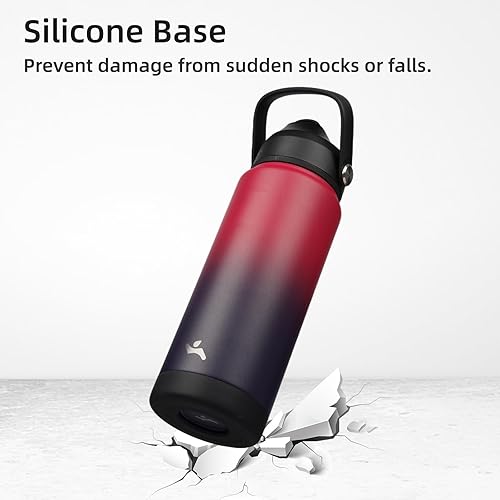 Miniatura 7 de Botella de agua aislada con tapa de pajilla, botella de metal al vacío de acero inoxidable de 40 onzas con mango de silicona, color rojo rosado