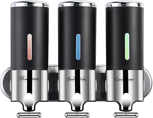 Dispensador de jabón de ducha sin taladro, dispensador de champú y acondicionador montado en la pared, gran capacidad, 16.9 fl oz x 3 cámaras, color