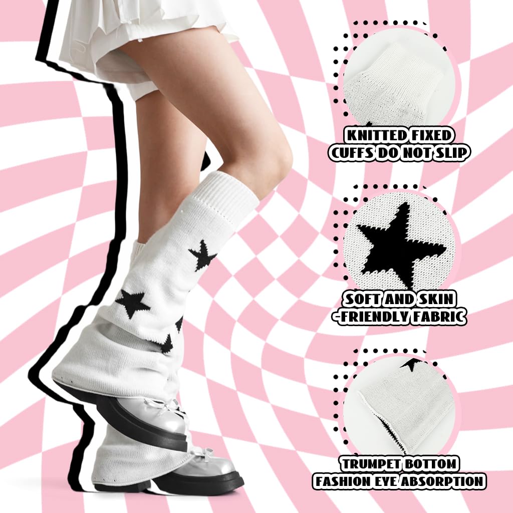 SANNIDHI® Girls Kawaii Leg Warmers Knitted Flared Leg Sleeves Goth Crochet Baggy Cuff Ankle Heap Socks-White - Image 3 thumbnail