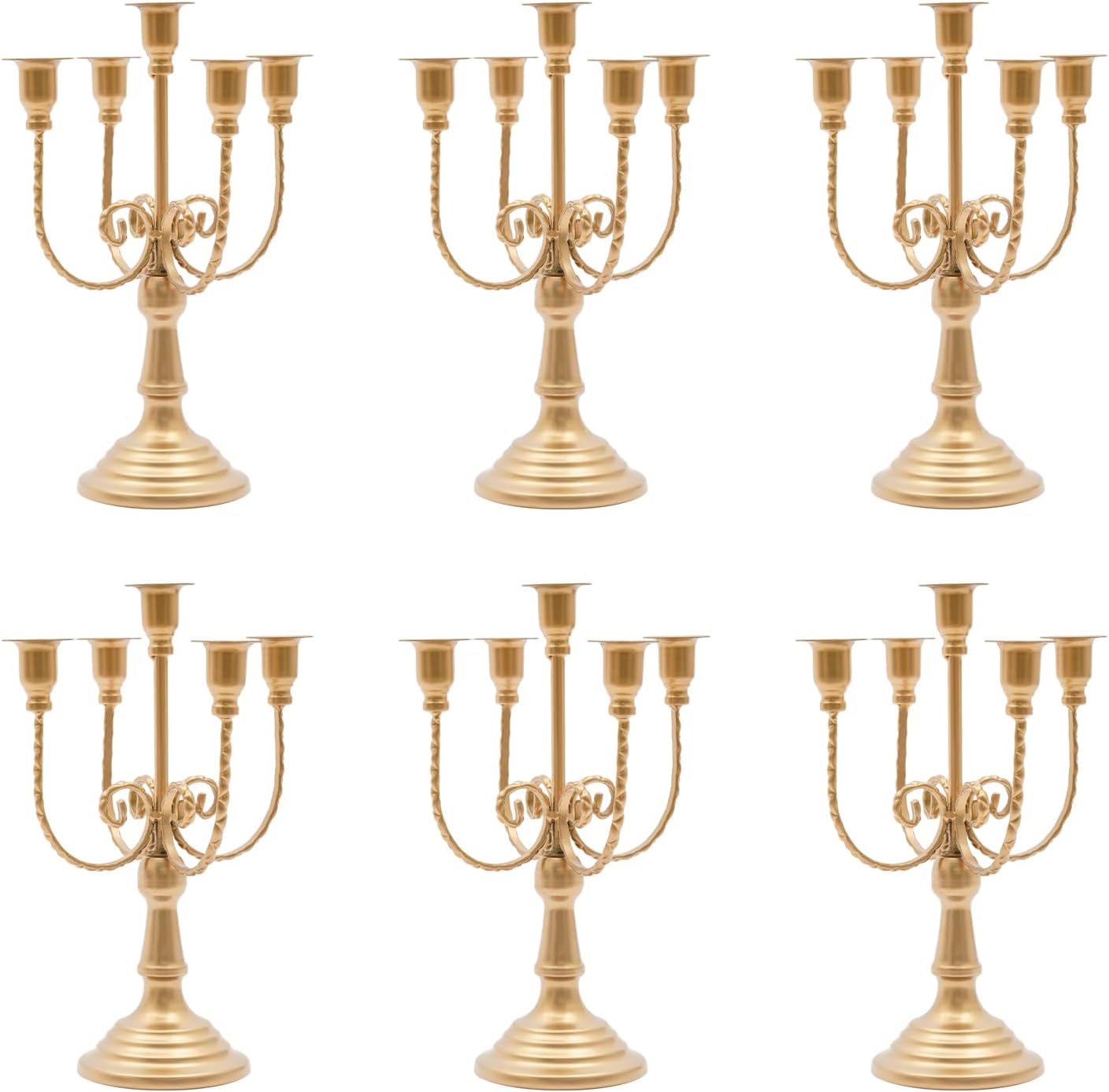 5 Arm Metal Candelabra Candle Holders Set of 6, Elegant Retro Taper Candle Stand for Wedding, Party, Dining Table Centerpiece, Holiday, Birthday, Home Decor (Gold, 5 Arm)