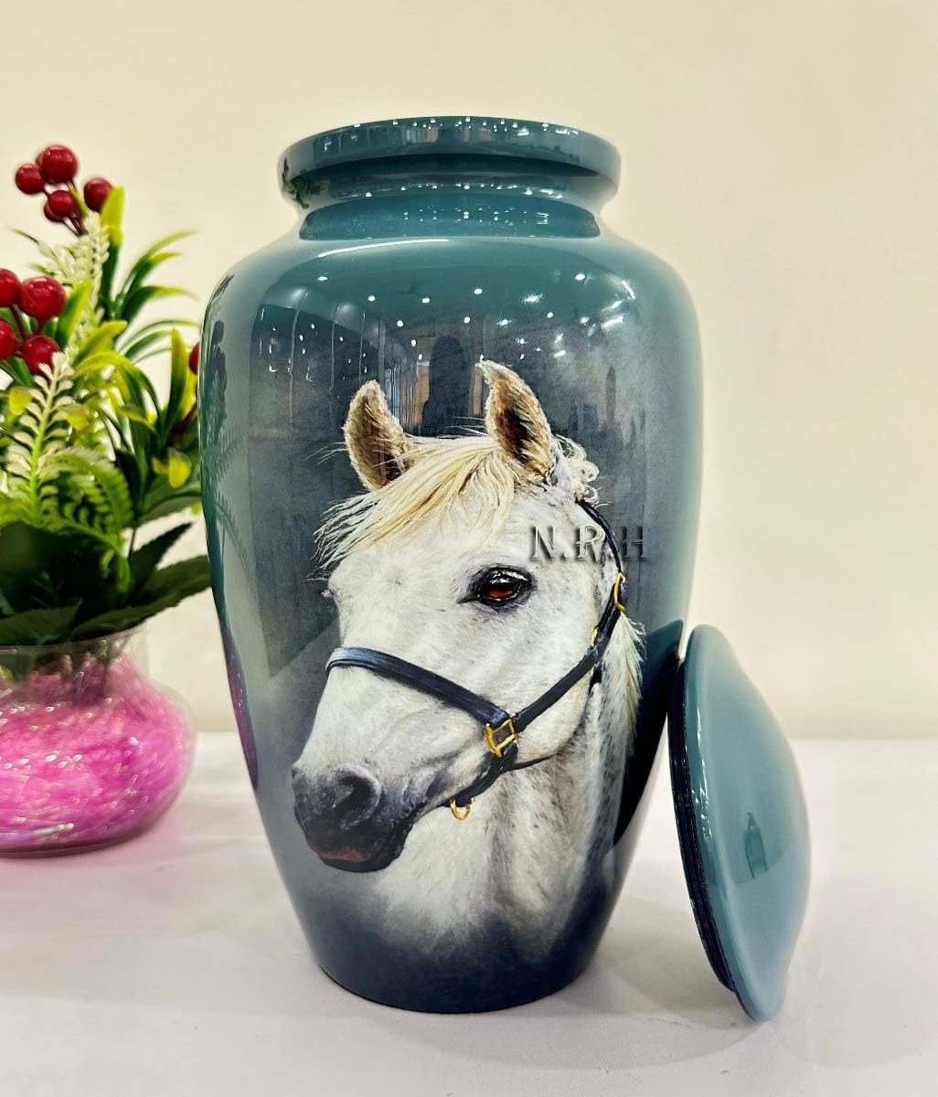 White Horse Long haired Cremation urn for Human Decorative Ashes Female and Male urns for Ashes Adult Female Cremation urn Decorative Urns for Human