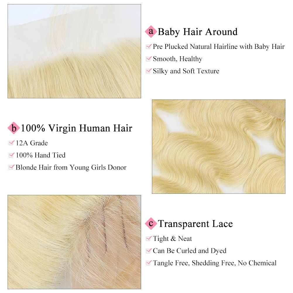Blonde lace frontal 13X4 Lace Closure Blonde 613 Brazilian Hair Body Wave Closure 13X4 Ear To Ear Free Part Swiss Lace 100% Unprocessed Brazilian Virgin Human Hair 12 Inch - Image 4