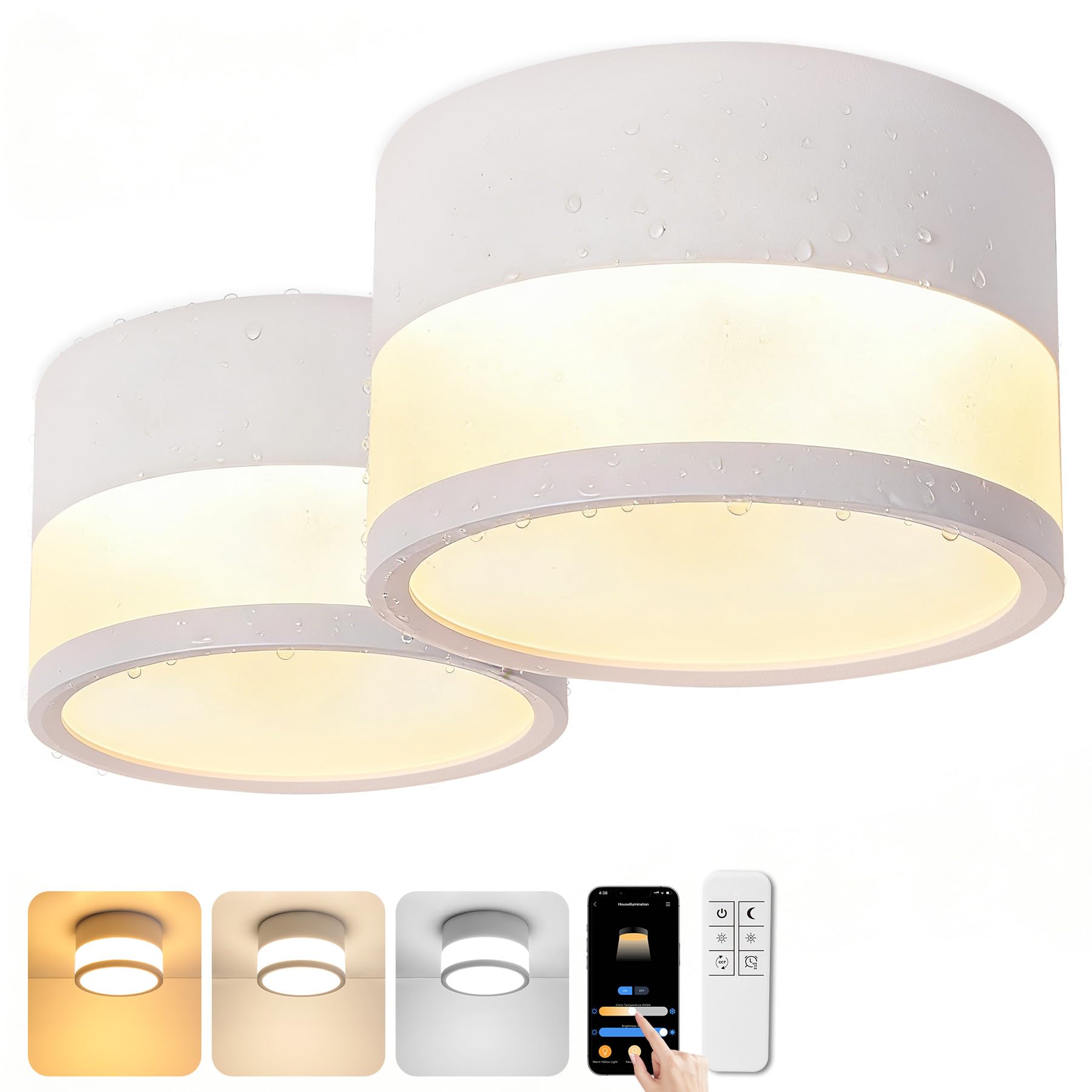 2x focos led interior techo Dimmable, IP65 focos techo con aplicación de control remoto, Lámpara de techo de 12W, Blanco, 2700K-6500K, Plana, Aluminio, 230V, Redondo, para baño, Ø10cm