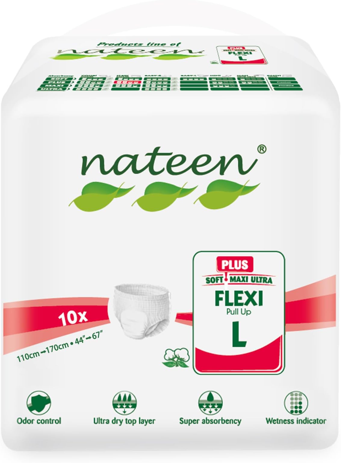 Nateen Flexi Plus Adult Diapers Pants,Incontinence Pull Up,Large,Waist Size 110-170cm,10 Count Adult Pull Ups,Superior Comfort,Excellent Combination of Protection.