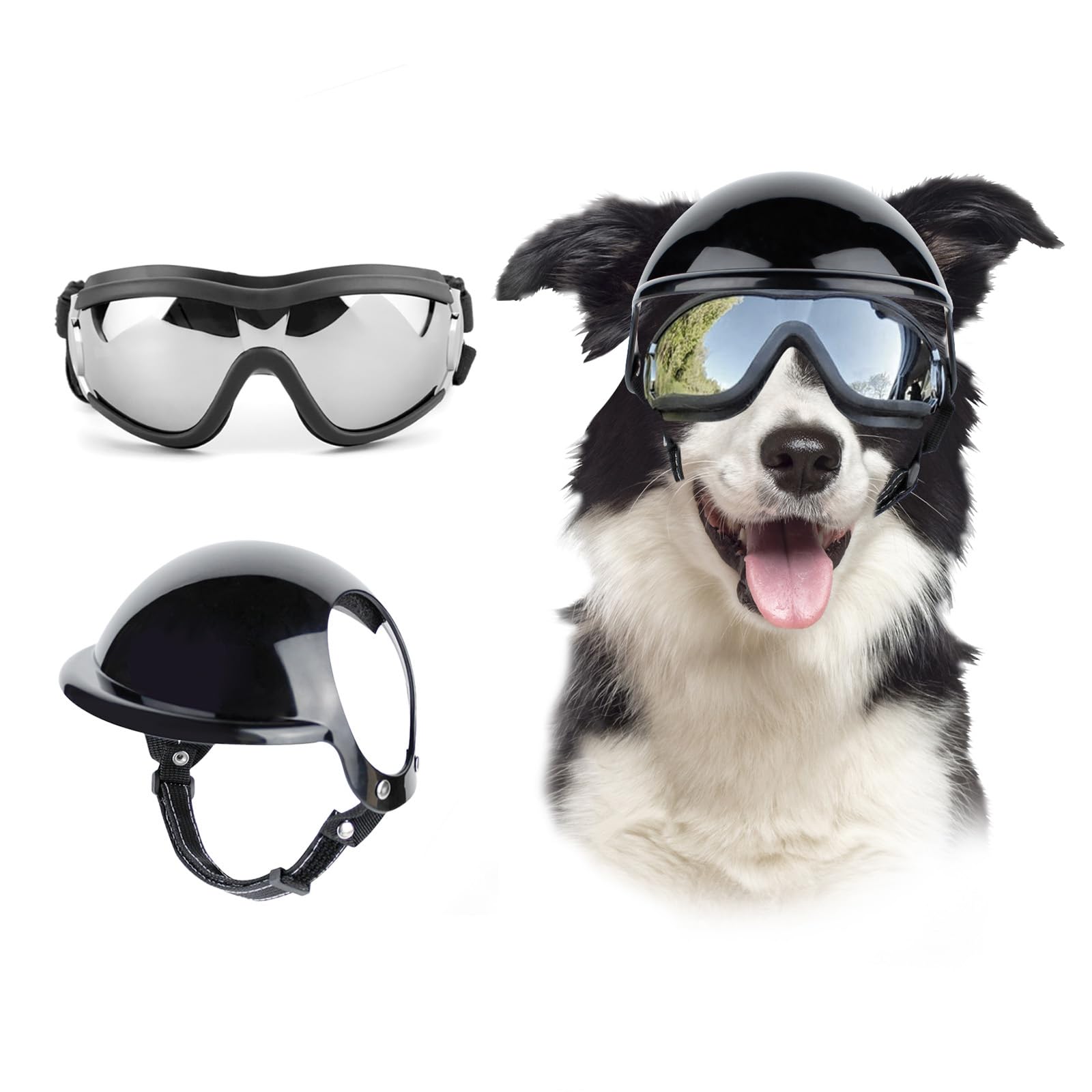 Billionchains Dog Goggles and Helmet Set - Anti-dust UV Protection Sunglasses, Durable Motorcycle Helmet With Ear Hole, Adjustable Pet Glasses for Medium to Large Dogs - Black