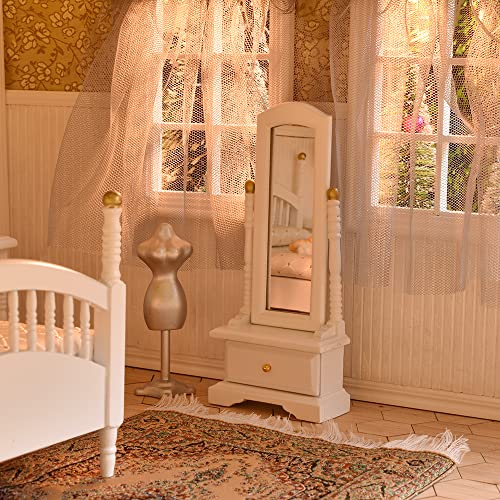 Iland Vintage Dollhouse Furniture 1/12 Scale, Brewster Dollhouse Bedroom Furniture Incl Dollhouse Bed & Mirror Full Length & Wardrobe & Bedside Table & Rocking Chair & Rug (White & Gold) #TOP3