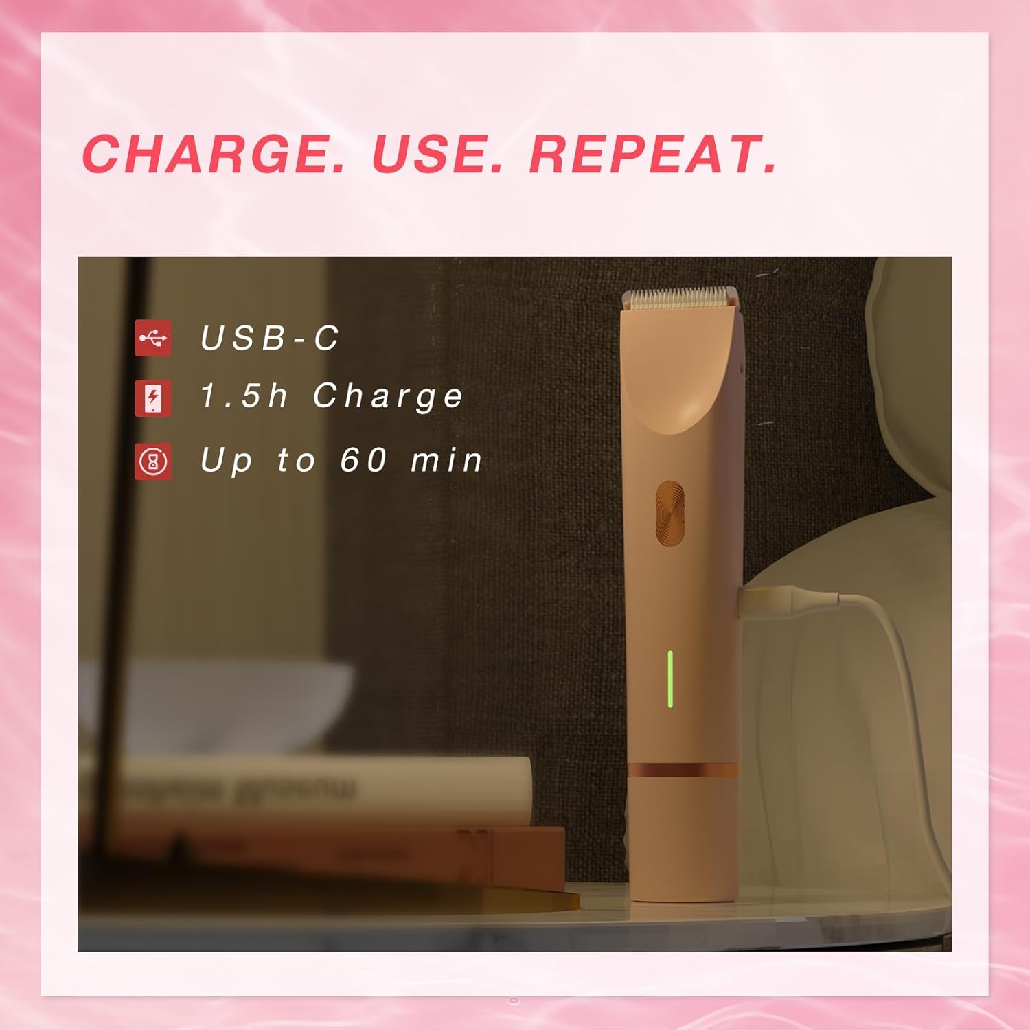 Bikini Trimmer for Women, Dual-Head Electric Body Hair Trimmer for Sensitive Areas, IP67 Waterproof Rinsable, USB-C Rechargeable Groomer for Bikini Line, Underarms, Legs & Face, Soft Pink