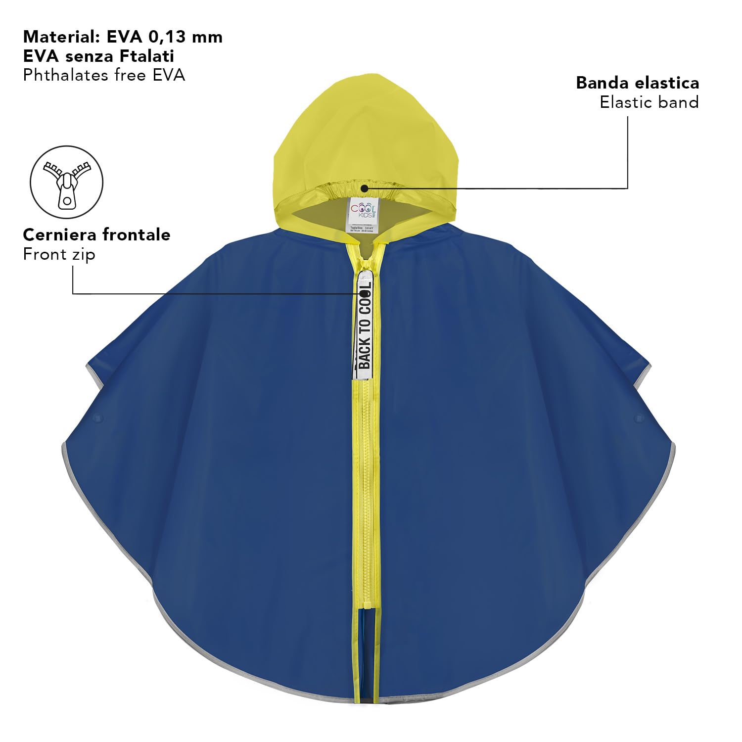 PERLETTI Cape de Pluie Petit Garçon 3 4 5 6 Ans avec Fermeture Éclair - Poncho Enfant Réfléchissant avec Capuche - Manteau Imperméable