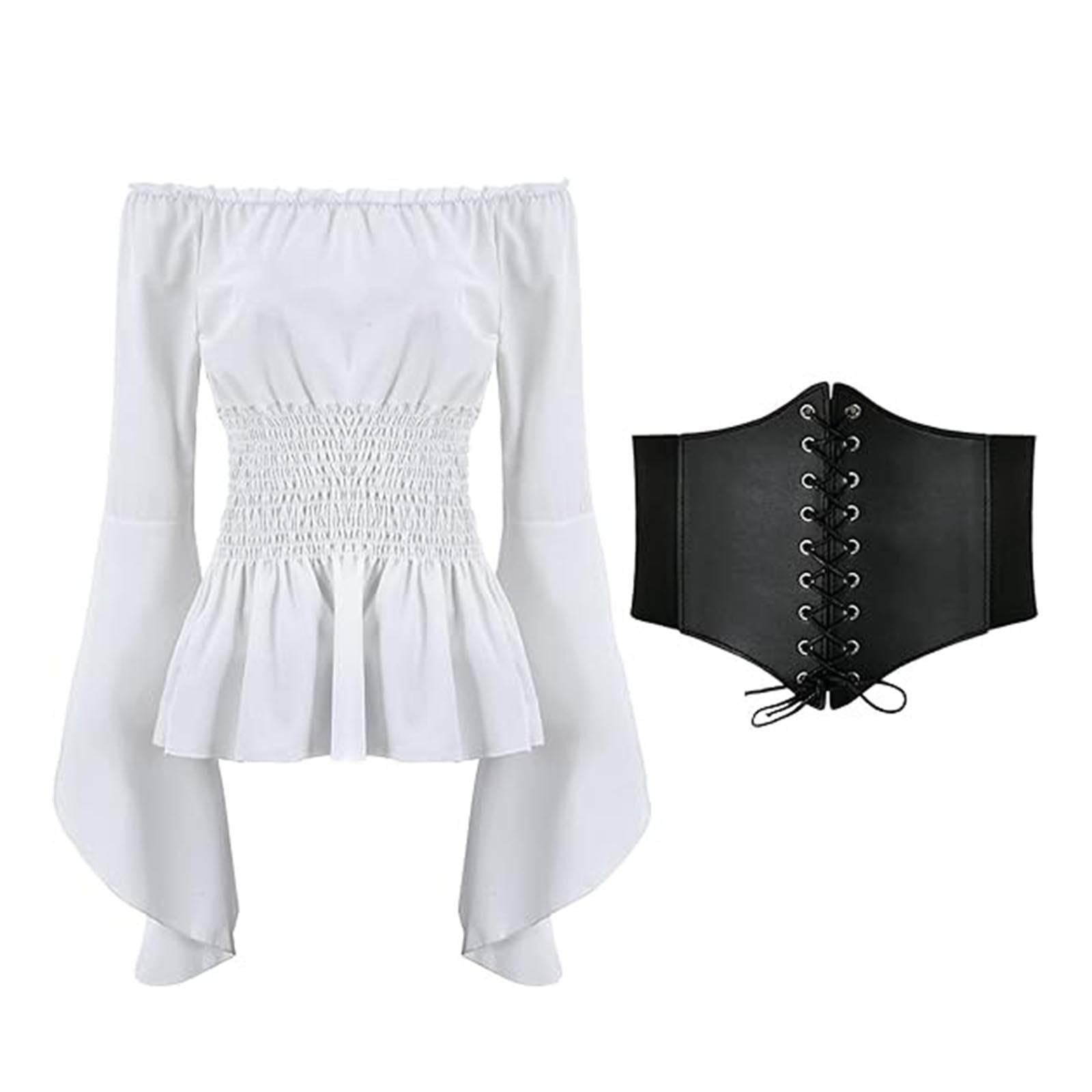 kuweot Women Renaissance Blouse Corset Smocked Belt Medieval Victorian Off Shoulder Bell Sleeve Shirt Pirate Cosplay Costume
