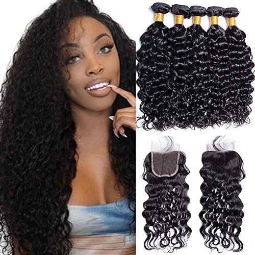 Maxine Malaysian Water Wave Hair 3 Bundles with 4x4 Free Part Closure Unprocessed Virgin Hair Weave with Closure Lace Top Closure(22 22 24 with 18)