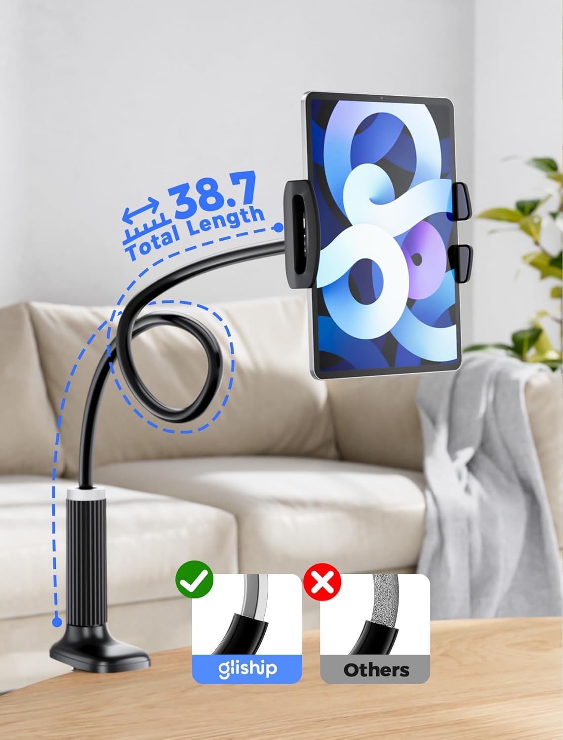 Supporto per tablet a collo di cigno, supporto per tablet - braccio flessibile regolabile sul letto per iPad/cellulare/iPad Air, iPhone e altri dispositivi da 4,7-11 pollici (nero)