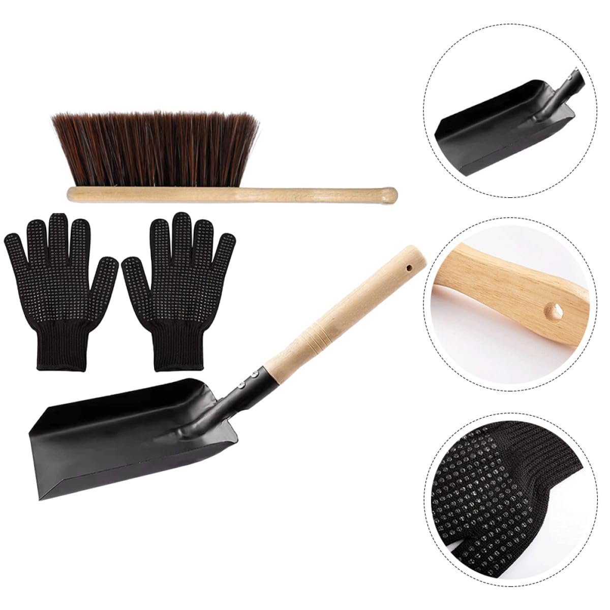 Homoyoyo Set Paletta per Cenere e Scopa per Riscaldamento in Acciaio al Carbonio Manico in Legno Guanti Resistenti al Calore per Pulizia Domestica Kit Compatto e Portatile per