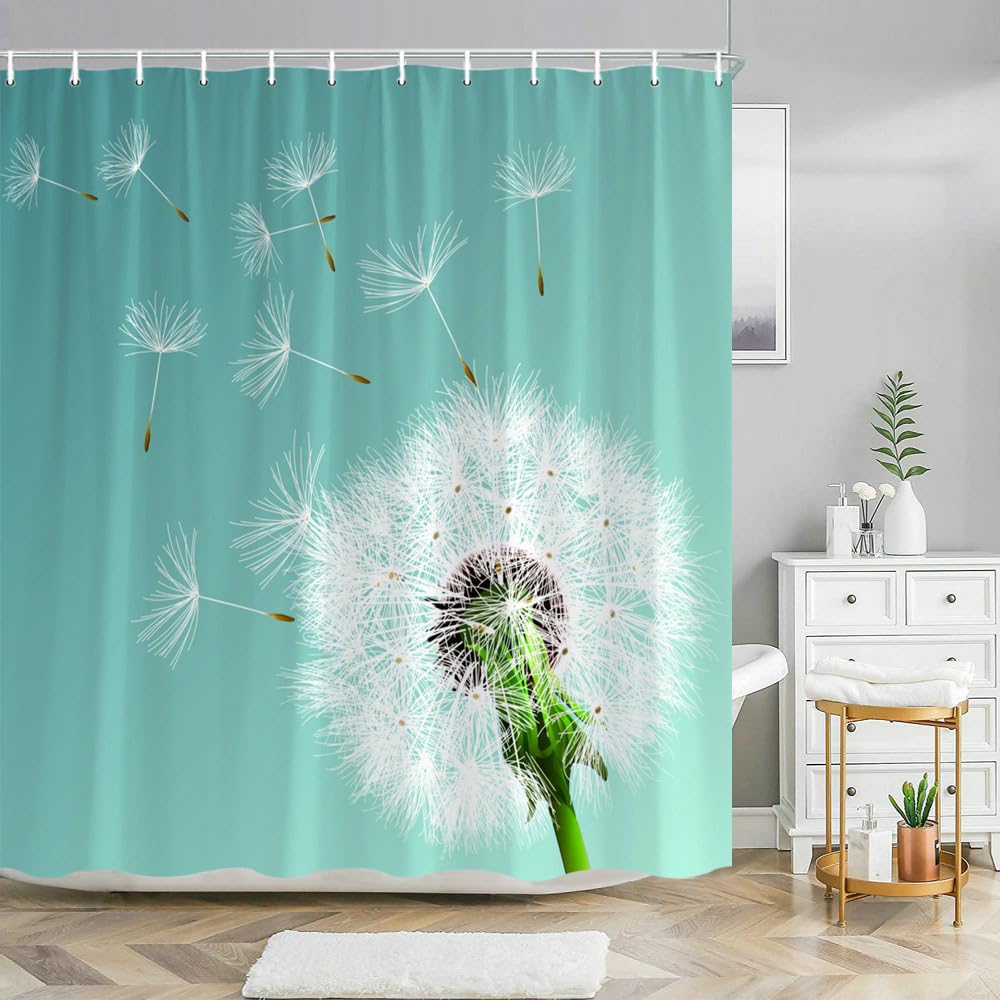 GLWDMB 1 Piece 180x220CM Dandelion on Gradient Teal Background Printed Shower Curtain With Hook, Polyester, for Windows And Walls, Bathtub, Bathroom, Machine Washable, All Season Universal
