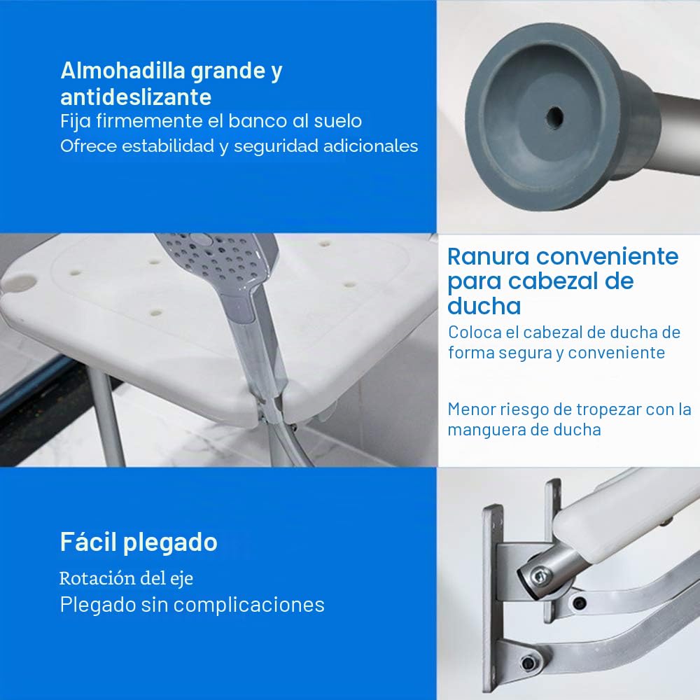 Silla de Ducha Plegable, Weytoll Asiento de Ducha Plegable con Patas, Asiento de Ducha Montado en la Pared Taburete de Baño Carga Máxima de 200 kg