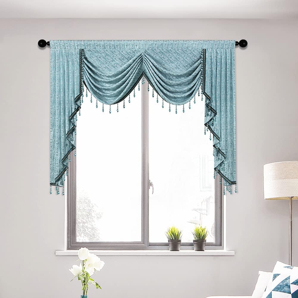 ELKCA Blue Jacquard Waterfall Valance with Luxury Beads Luxury Curtains Valance for Living Room,Rod Pocket,1 Panel(Blue, W59inch)