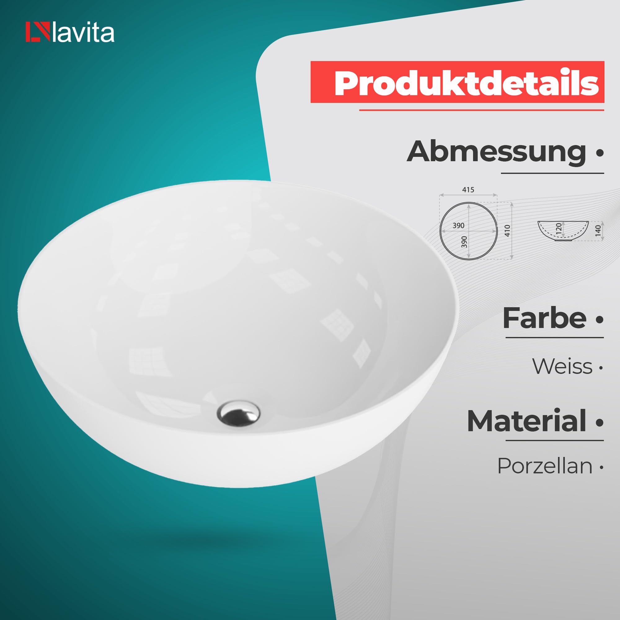 LAVITA Lavabo de encimera redondo | lavabo redondo | lavabo sin rebosadero y orificio para grifo | de porcelana de alta calidad | lavabo | 41,5 x 41 x 14 cm | blanco brillante