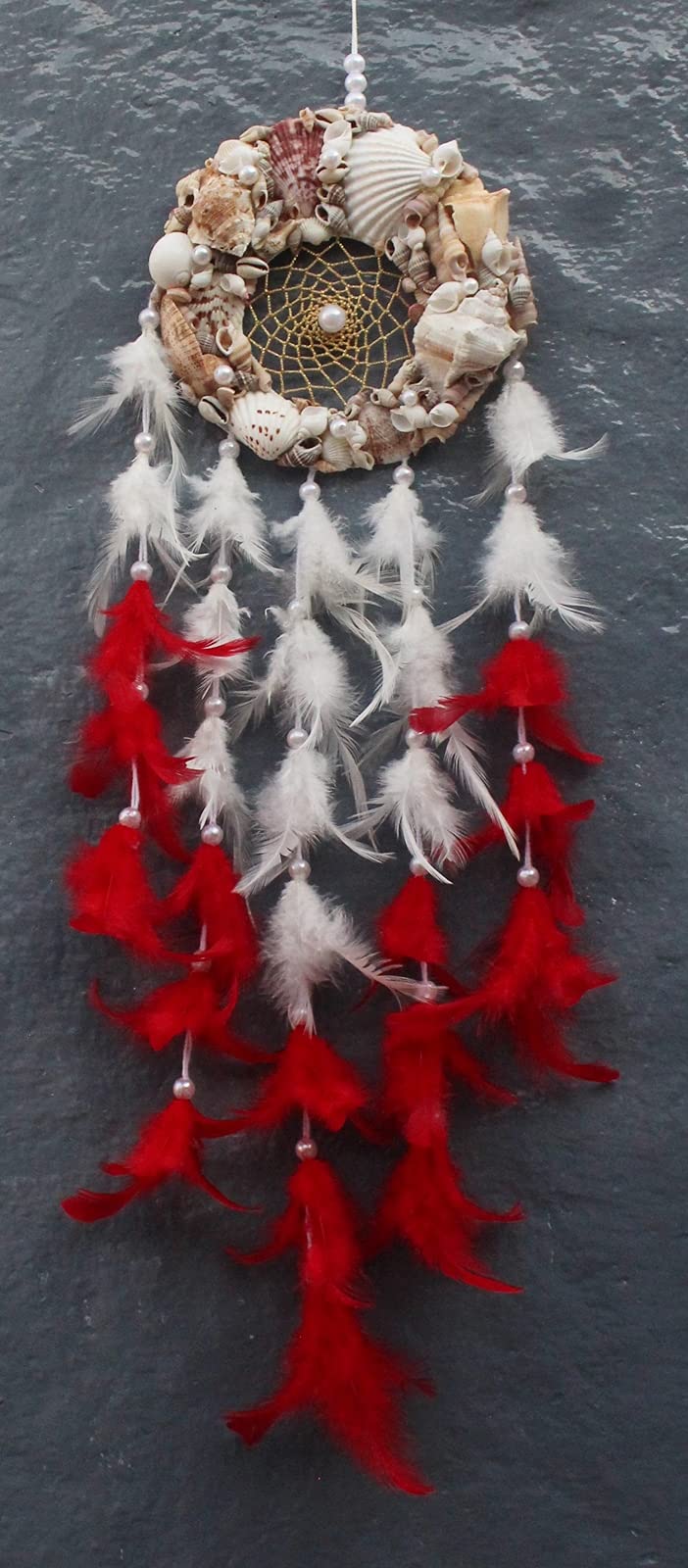 Yuvicreations, Round Shape, sea Shell Dream Catcher for Wall décor, Fine Quality Feathers. Natural Shells, White and Red