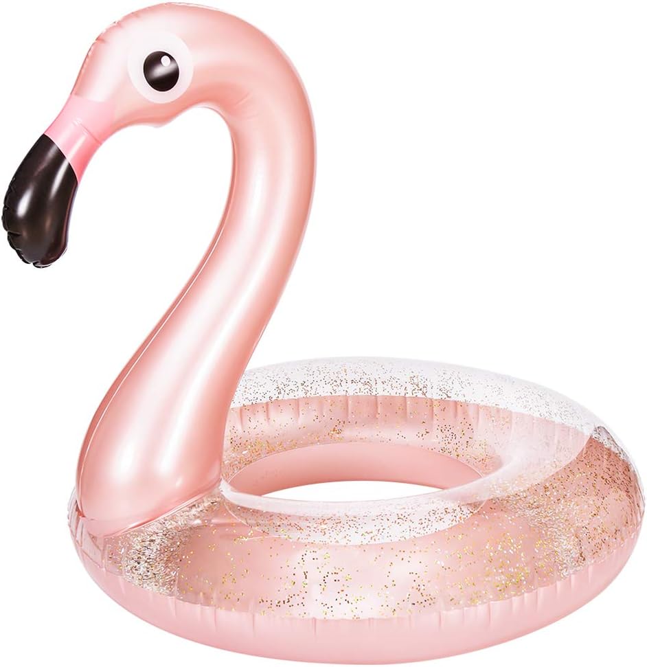Oziral Inflatable Flamingo Swimming Pool Float with Sequin diameter approx. 110 cm Summer Swim Pool Outdoor Lounger Inflatable Float and Cute Toy for the Swimming Pool or Beach