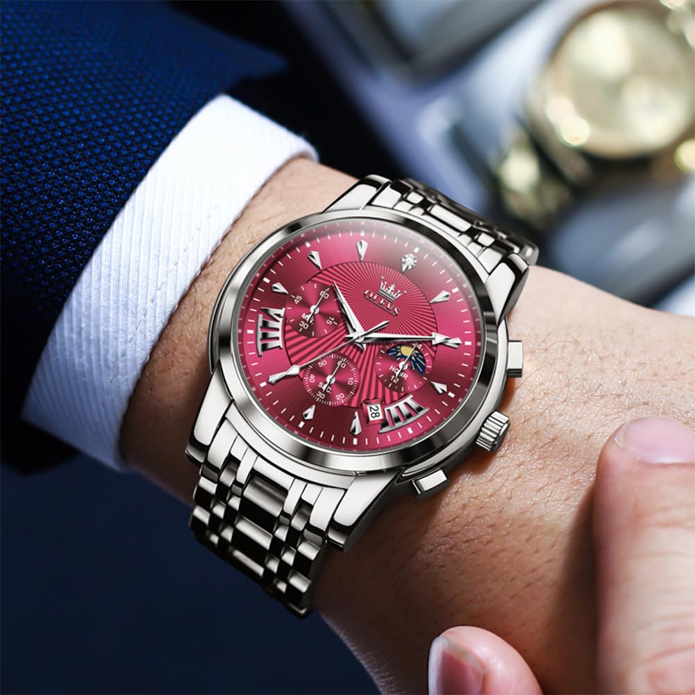 OLEVS Watches for Men Dress Watch Chronograph Luxury Stainless Steel Big Face Men Watches Multi-Function Easy to Read Diamond Roman Numerals Business Wristwatch Reloj para Hombre
