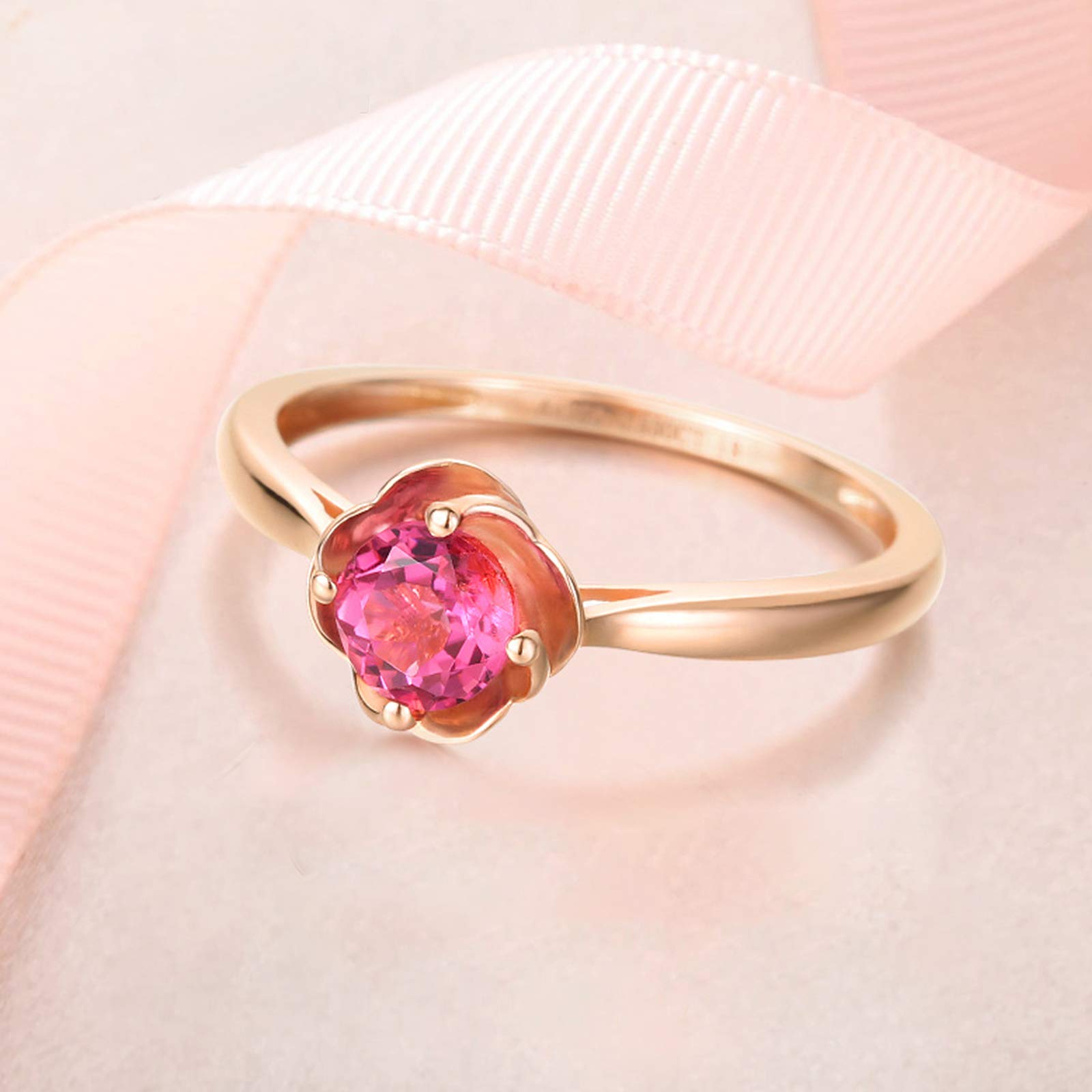 Oro rosso 18 K Au750 - Anello solitario da donna, con fiori rosa tormalina, anelli veri gioielli