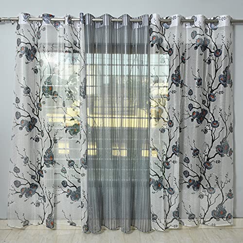 Image of Premium Polyester Floral Sheer Printed Net Combination Transparent Beautiful Curtains Set of 3 Piece for Window Grey 6 Feet