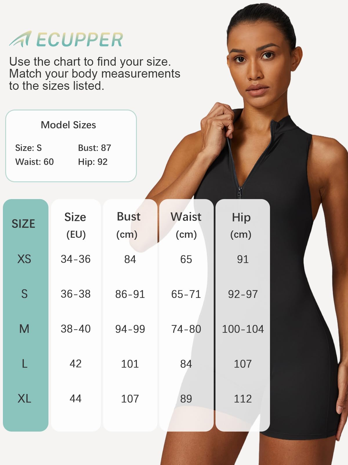 Ecupper Femmes Combinaison sans Manches Sport Bodysuit Dos Nu Bodycon avec Fermeture Éclair Une pièce Romper Jumpsuit