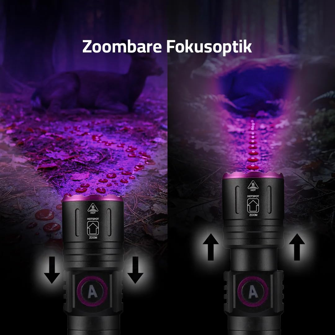 MEIION Deinster Blutspur Pro - UV-Taschenlampe für Jäger UV Taschenlampe Schwarzlicht 395nm, USB-C Aufladbar, Zoombar für Haustierurin, Harz & Bernstein