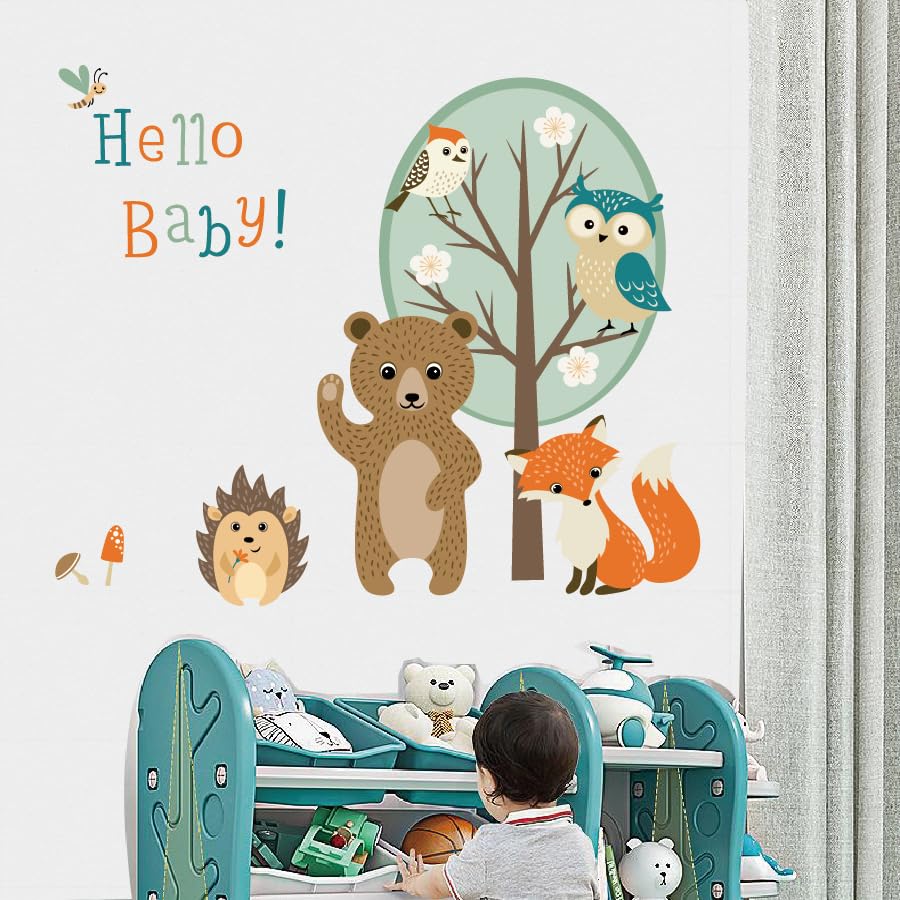 Image of Woodland Animal Wall Stickers for Kids Room | Cute Forest Bear, Fox, Owl & Hedgehog Decals | Peel & Stick Nursery Wall Decor | Tree Stickers for Playroom Bedroom Classroom | Sheet (40x60 cm)