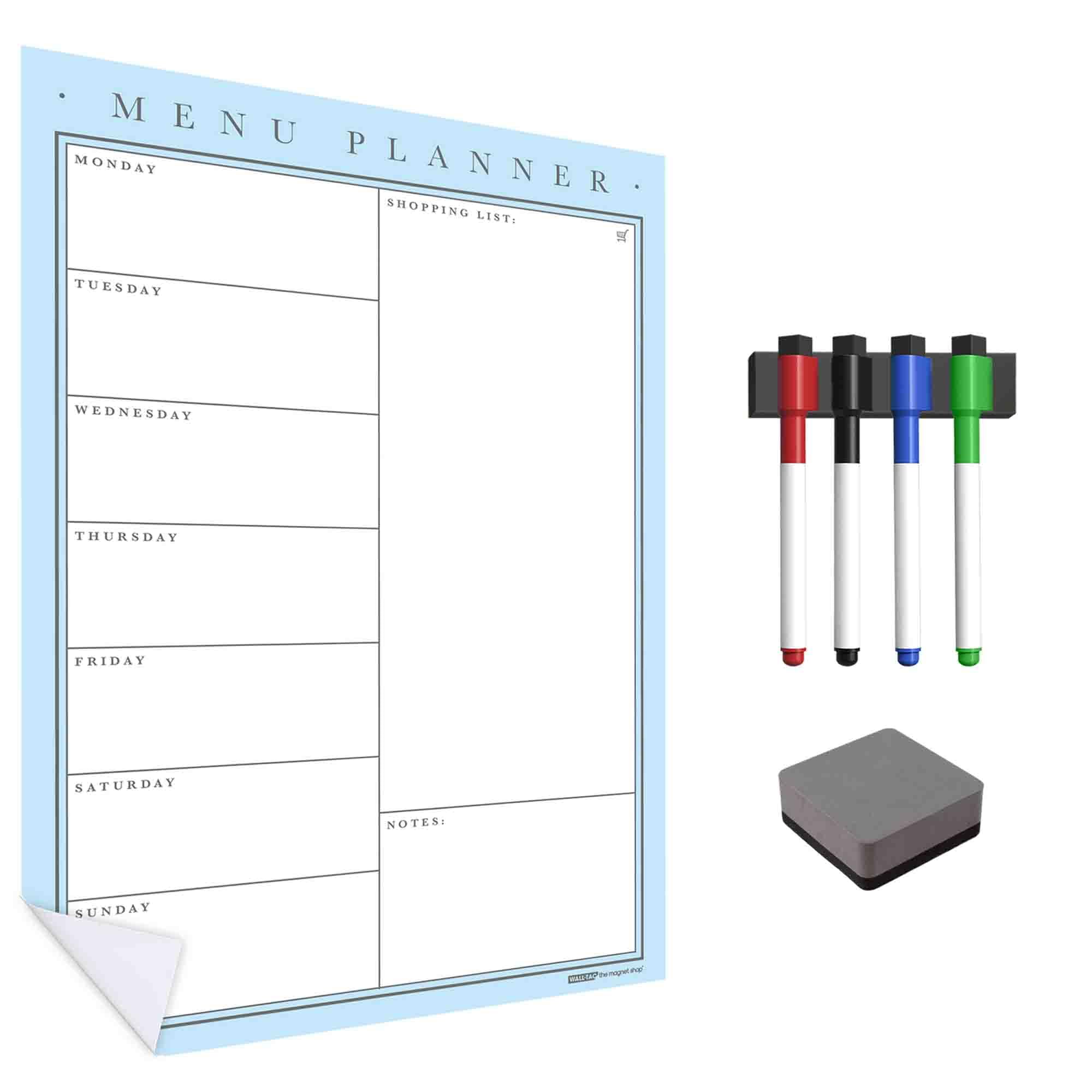 WallTAC Wall Meal Planner A2 | Weekly Organiser and Family Planner | Reusable, Removable and Re-Positionable Self-Adhesive Whiteboard Menu (Duck Egg Blue, A2) โ image 1