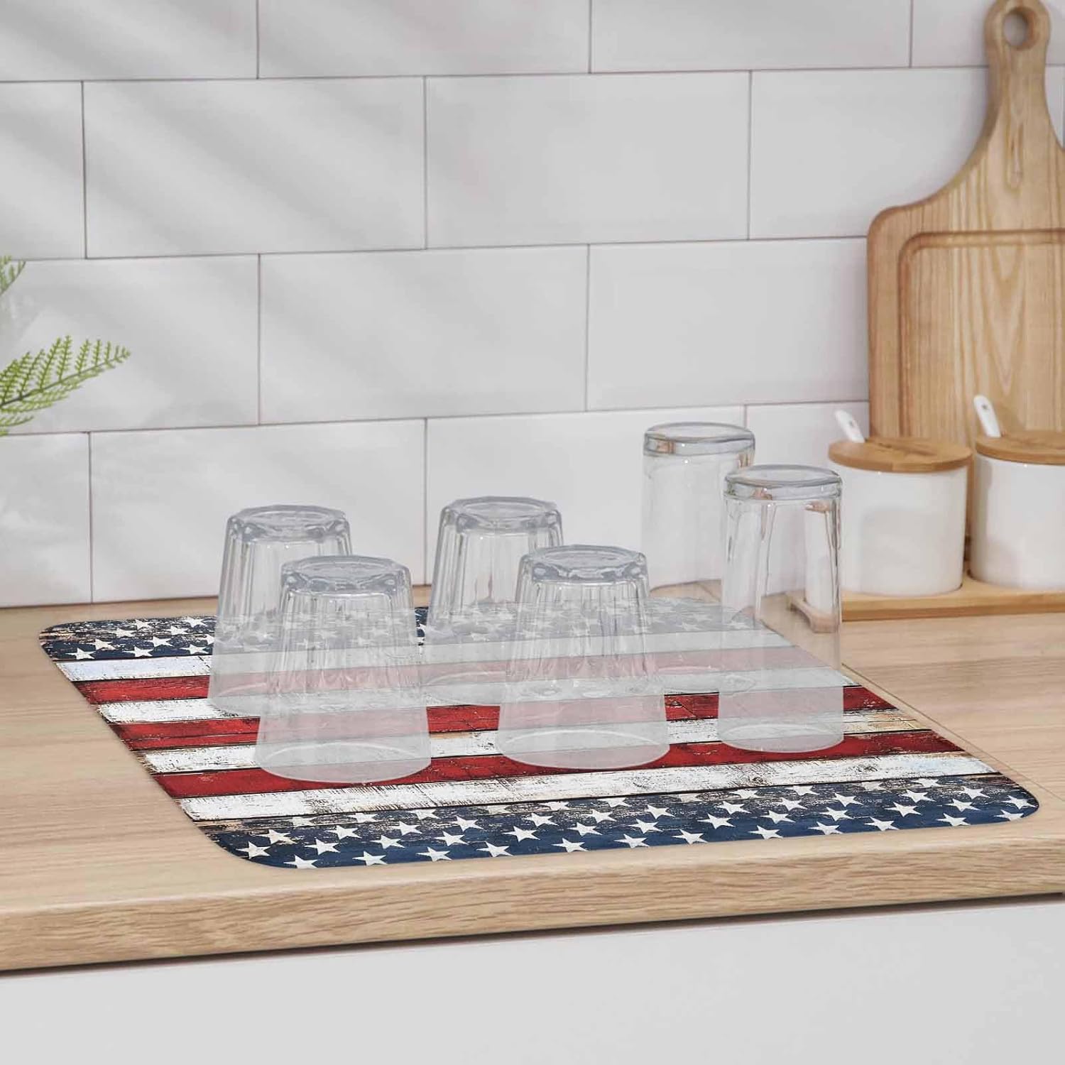 Dish Drying Mat Set of 2 4th of July American Flag Microfiber Absorbent Reusable Washable Dish Drying Rack Mat Independence Day Coffee Mat for Coffee Maker Bar Kitchen Countertops 18x24inch