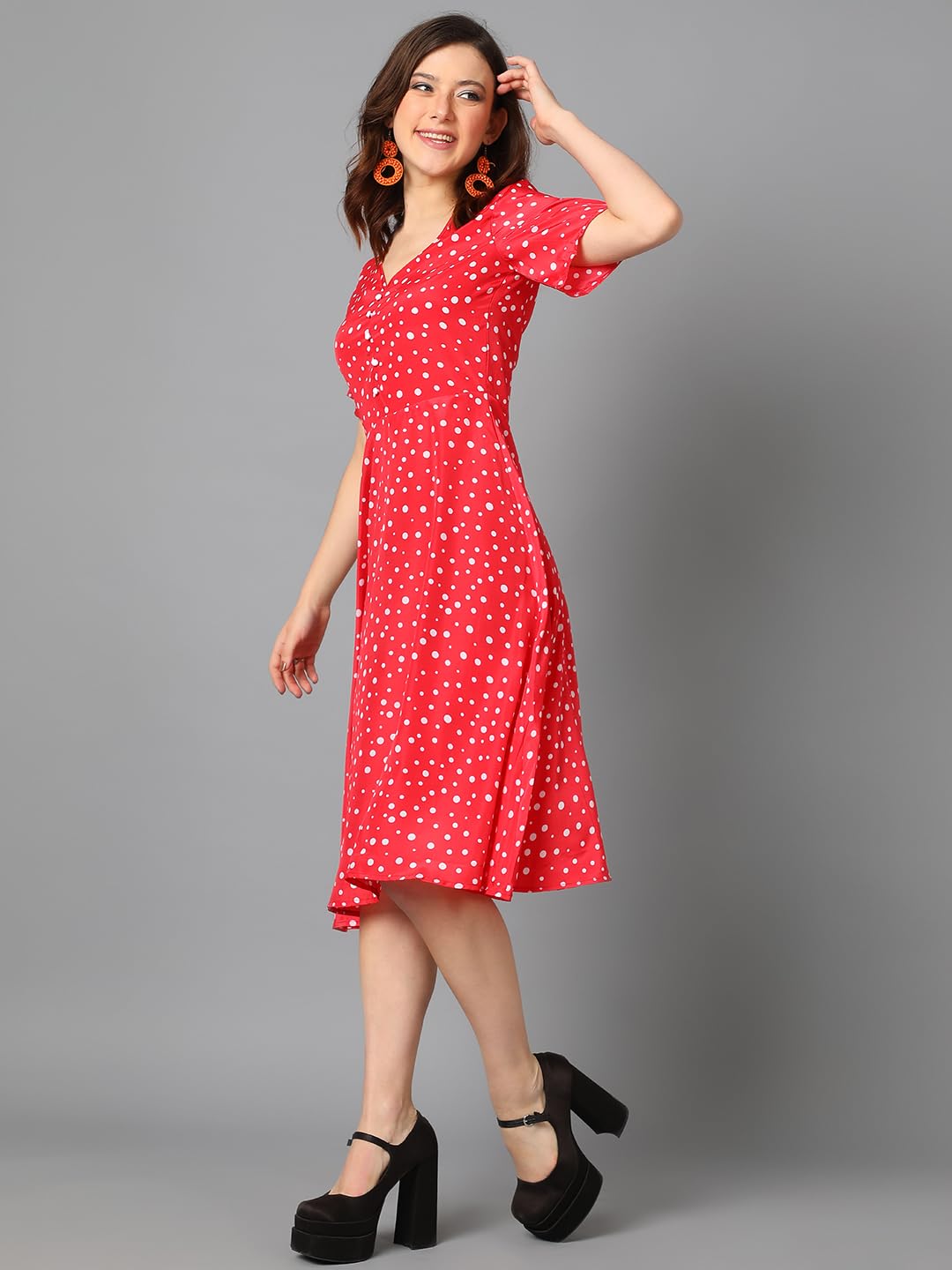 Kotty Women's Fit And Flare V Neck Dress(Red,M)