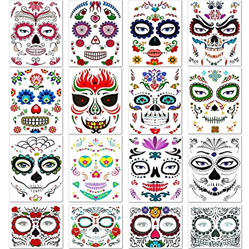 15 Sheets Sugar Skull Day of The Dead Face Tattoos Skeleton Face Tattoo and Glow in The Dark Halloween Temporary Face Tattoos